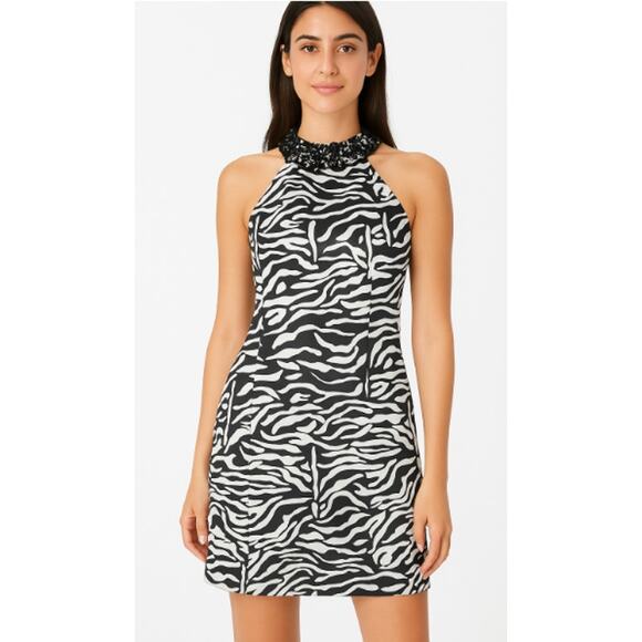 INC Black/White Zebra Print Satin Sleeveless Beaded Keyhole Halter Mini Dress, 2 - Picture 1 of 13
